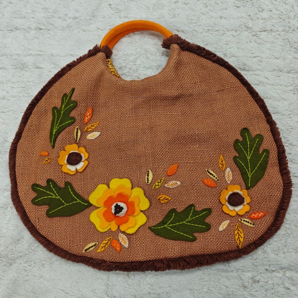Retro Mod Floral Handbag Burlap‎ 3D Felt Flowers 60s 70s Handmade Alice Flutten